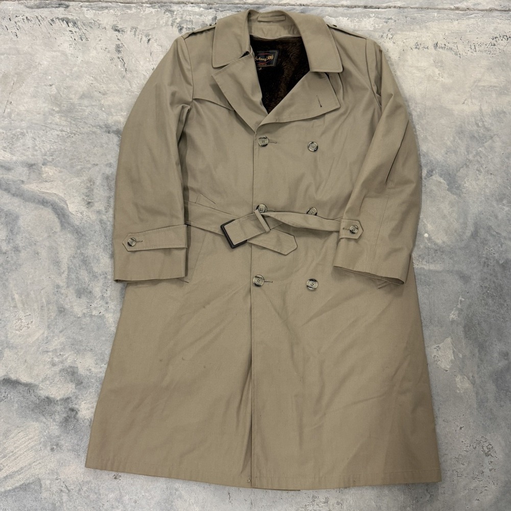 Botany 500 Trench Coat Mens 42 Reg Tan Good Vintage Belted Faux Fur Lining USA